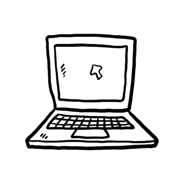 Ilustración dibujada a mano en blanco y negro de una computadora portátil