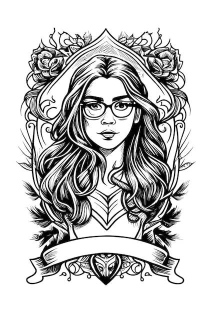 Ilustración dibujada a mano en blanco y negro de Potrait Girl