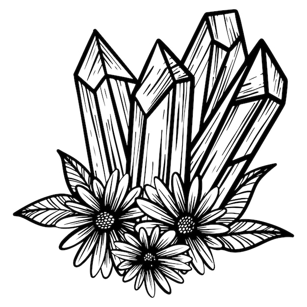 Vector ilustración dibujada a mano en blanco y negro de racimo de cristal con flores y hojas