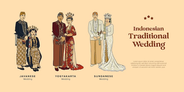 Ilustración dibujada a mano de boda tradicional indonesia aislada en Yogyakarta Sunda y Java