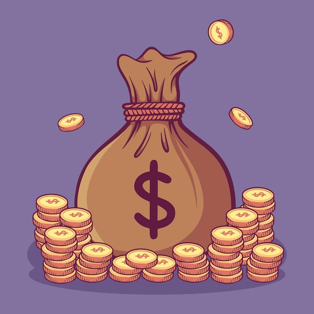 Ilustración dibujada a mano de la bolsa de dinero y las monedas de oro