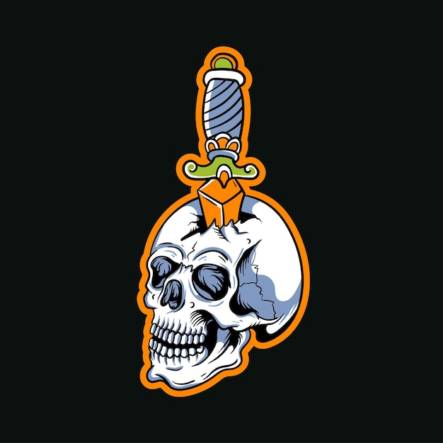 Ilustración dibujada a mano de una cabeza de calavera clavada con una daga