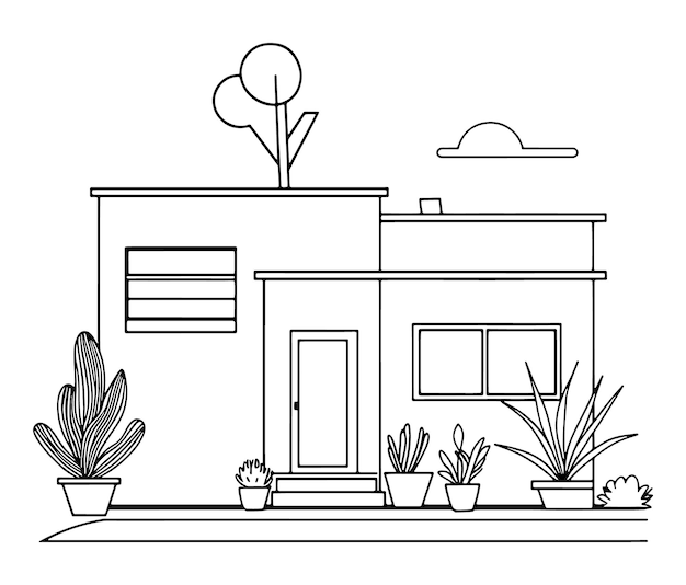 Ilustración dibujada a mano de la casa Vector de ilustración del edificio Contorno de la casa estadounidense