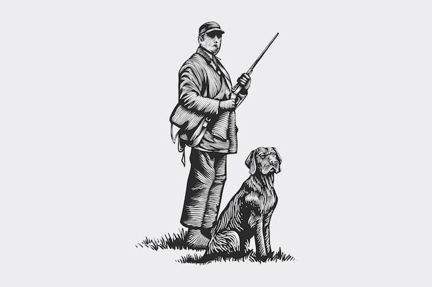 Vector ilustración dibujada a mano de un cazador de patos con su perro