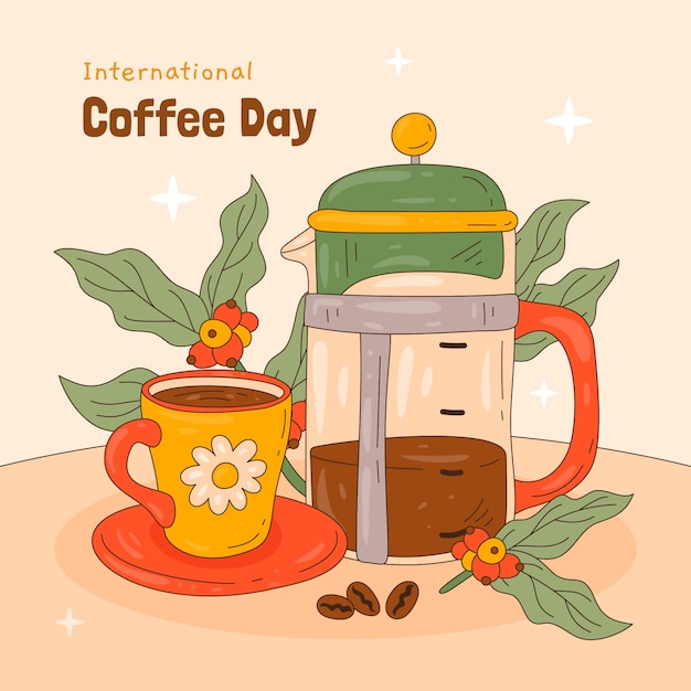 Vector ilustración dibujada a mano para la celebración del día internacional del café