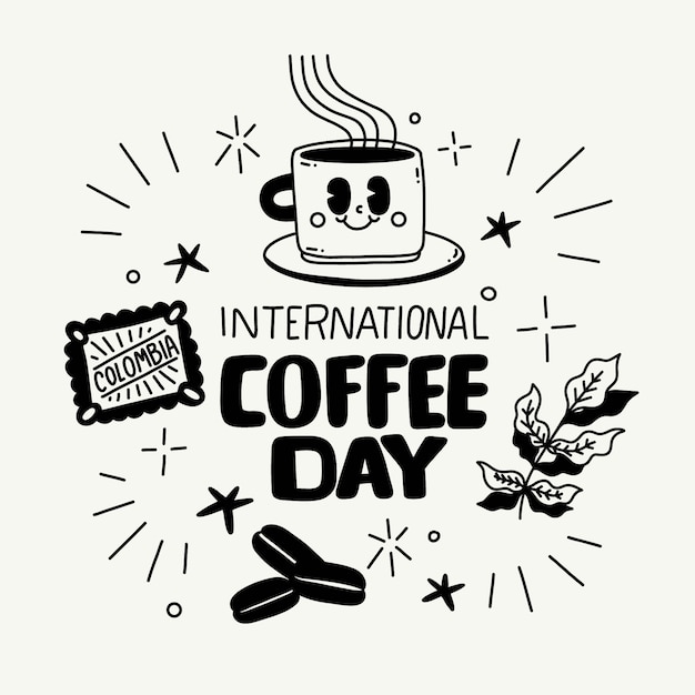 Vector ilustración dibujada a mano para la celebración del día internacional del café