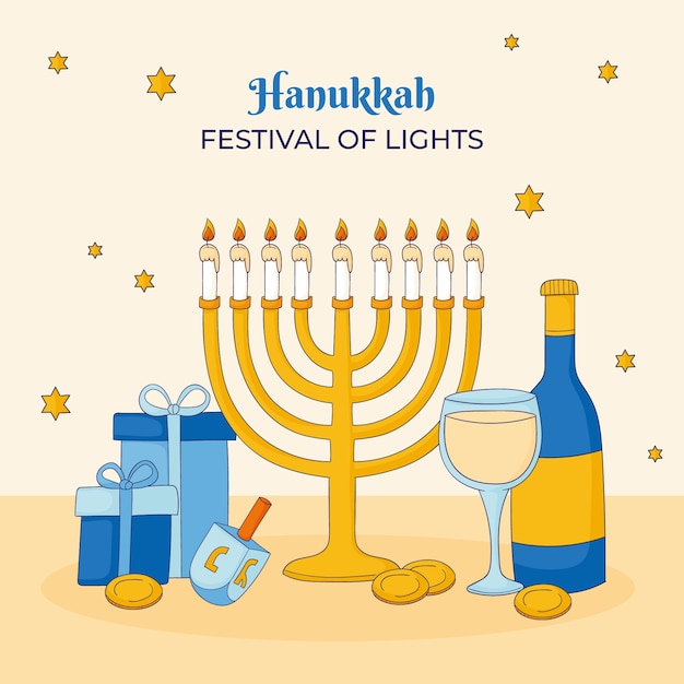 Ilustración dibujada a mano para la celebración de hanukkah con menorá y botella de vino