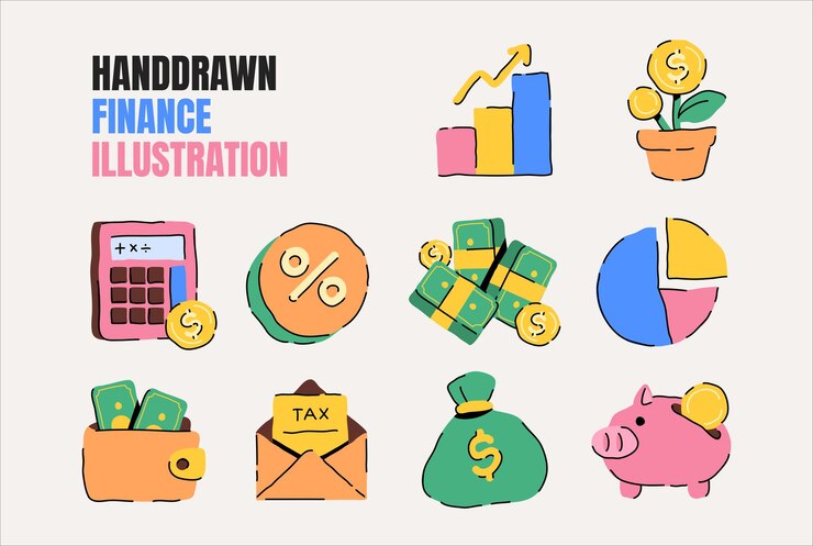 Ilustración dibujada a mano de la colección de inversiones financieras