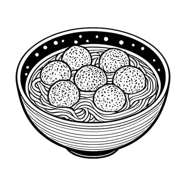 Vector ilustración dibujada a mano de la comida callejera de las albóndigas indonesias