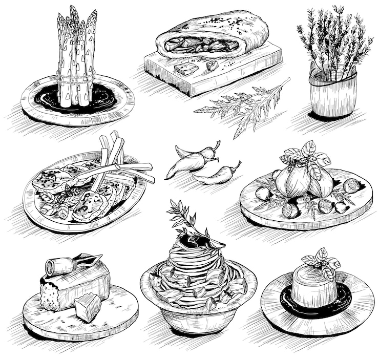 Vector ilustración dibujada a mano con comida mediterránea