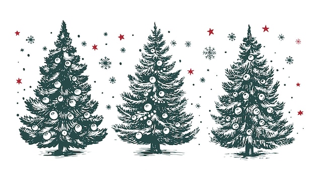 Ilustración dibujada a mano del conjunto de árboles de Navidad