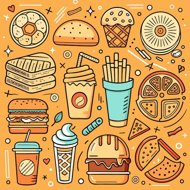 Una ilustración dibujada a mano de un conjunto de artículos de comida rápida de dibujos animados en un fondo naranja