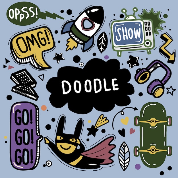 Ilustración dibujada a mano del conjunto de doodle, dibujo de herramientas de línea, diseño plano