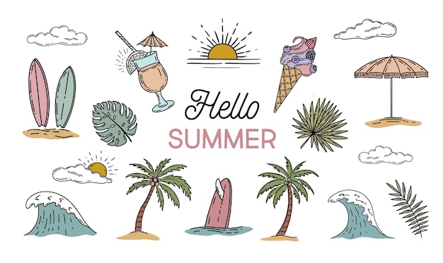 Ilustración dibujada a mano del conjunto de iconos de verano