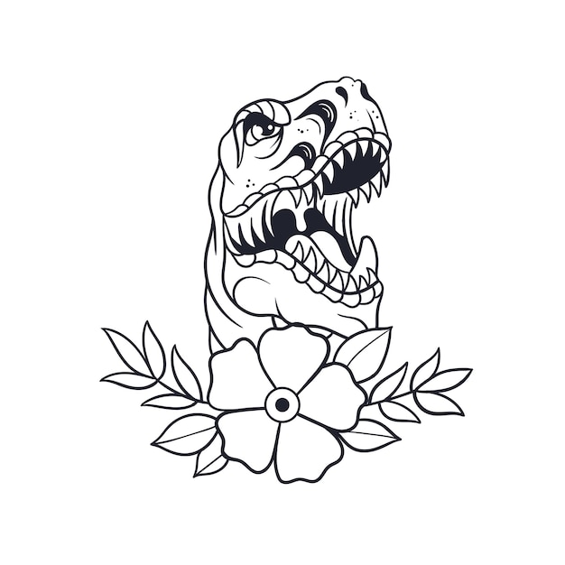 Ilustración dibujada a mano del contorno del tatuaje tradicional de dinosaurio