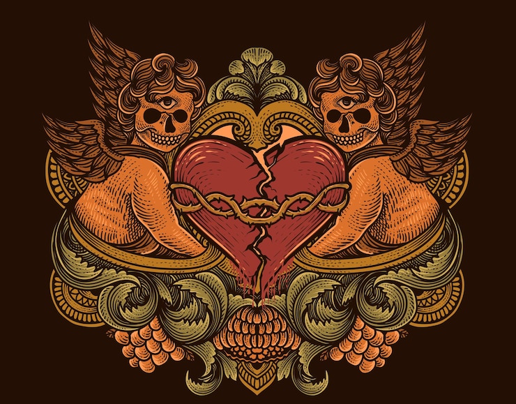 Vector ilustración dibujada a mano corazón roto con marco de ornamento grabado