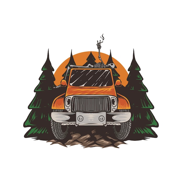 Ilustración dibujada a mano de cráneo humeante con coche jeep todoterreno