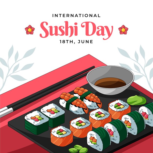 Vector ilustración dibujada a mano del día internacional del sushi