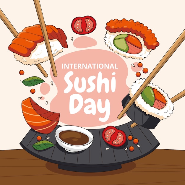Ilustración dibujada a mano del Día Internacional del Sushi
