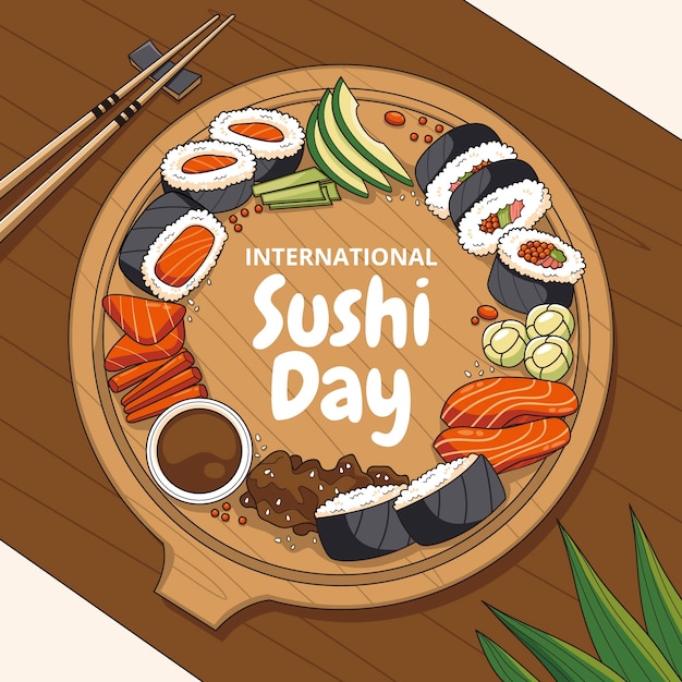 Ilustración dibujada a mano del Día Internacional del Sushi