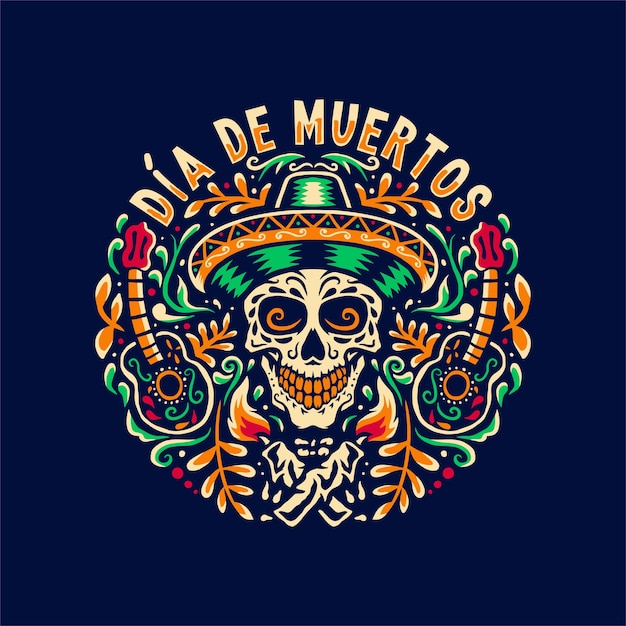 Ilustración dibujada a mano de dia de muertos, aislado sobre fondo oscuro