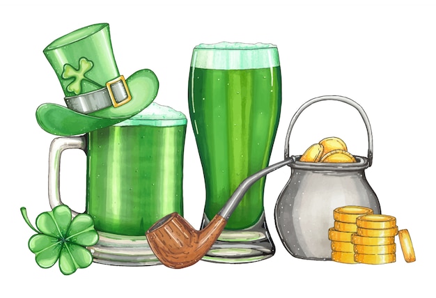 Ilustración dibujada a mano por un día de san patricio con cerveza verde