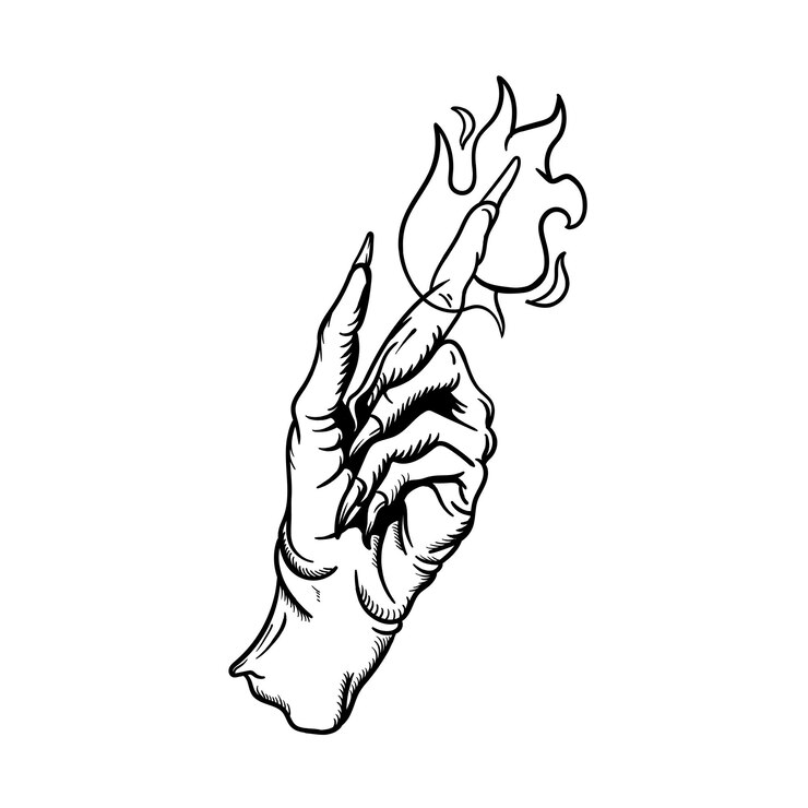 Vector ilustración dibujada a mano del diseño del contorno de la mano del diablo de fuego