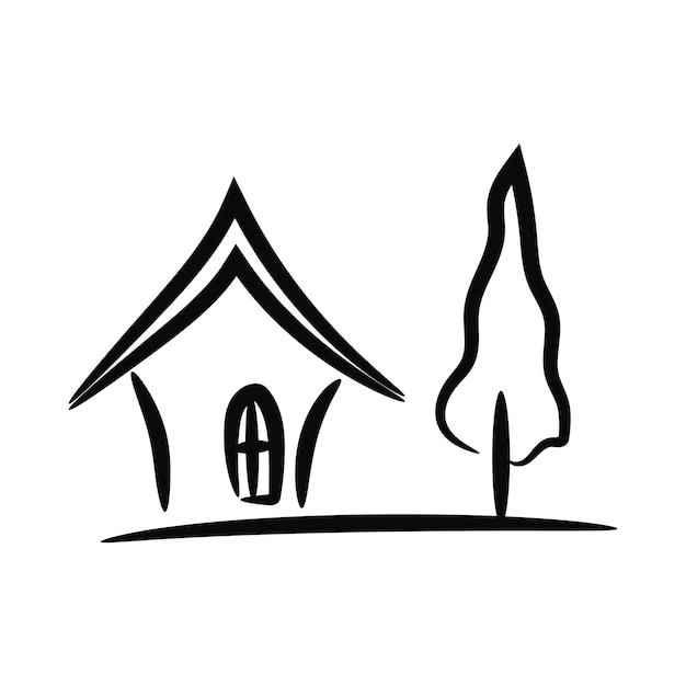 Ilustración dibujada a mano de un entorno de vida saludable Iconos de casas y árboles