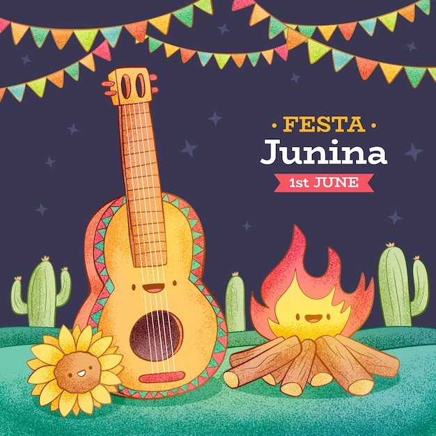 Ilustración dibujada a mano de las festas juninas brasileñas