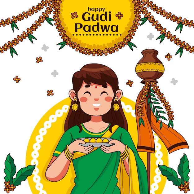 Ilustración dibujada a mano para el festival gudi padwa