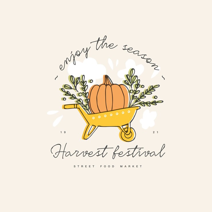 Ilustración dibujada a mano para el festival de otoño de la cosecha. Dibuje el logotipo de estilo una carretilla con una calabaza para invitación a un evento, fiesta.