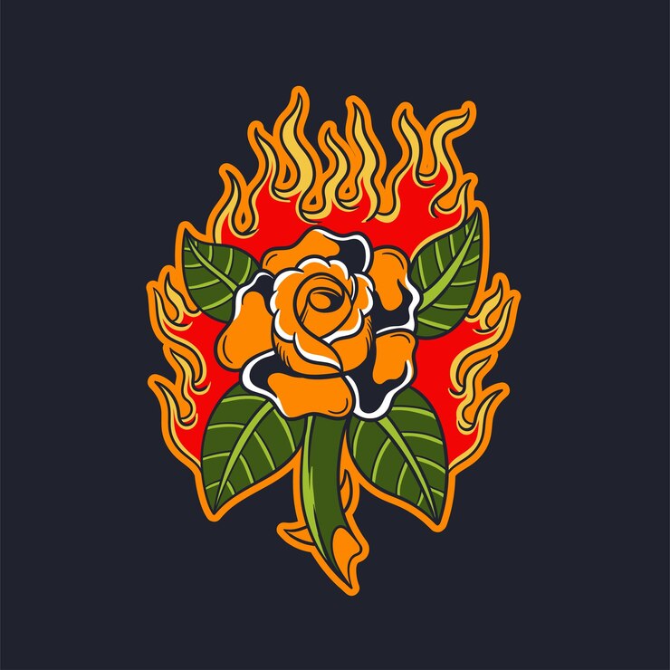 Vector ilustración dibujada a mano de una flor rosa con fuego