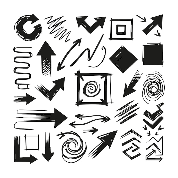 Ilustración dibujada a mano con formas geométricas creativas que apuntan al contorno y marcos de garabateo