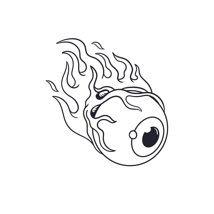 Vector ilustración dibujada a mano de un globo ocular con contorno de fuego