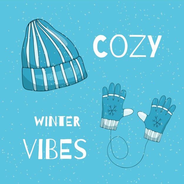 Vector ilustración dibujada a mano con guantes de invierno y sombrero diciendo hola ilustración vectorial de invierno para