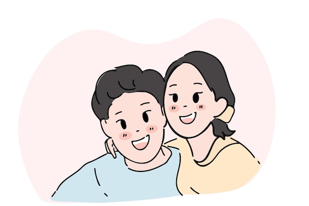 Vector ilustración dibujada a mano de un hombre joven y una mujer sonriendo felizmente abrazando