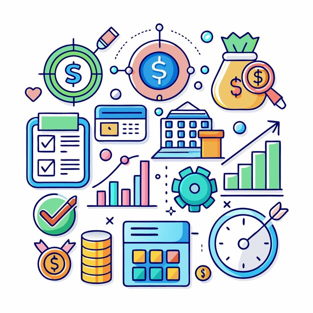 Ilustración dibujada a mano de iconos comerciales y financieros del dinero