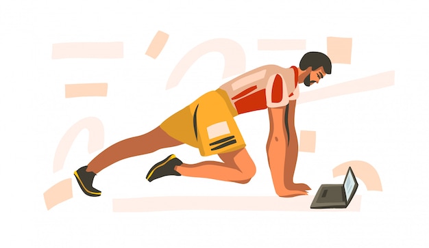Ilustración dibujada a mano con joven feliz entrenamiento masculino en casa con la computadora portátil viendo entrenamiento físico en línea sobre fondo blanco
