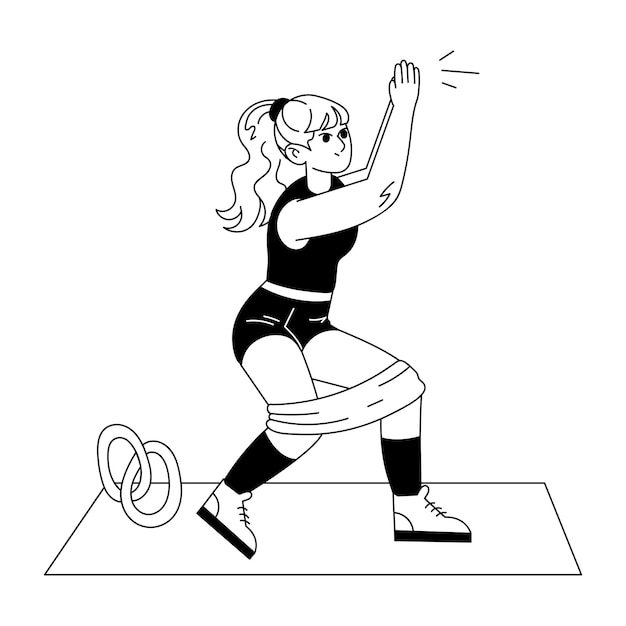 Una ilustración dibujada a mano de una jugadora haciendo entrenamiento físico con banda de estiramiento