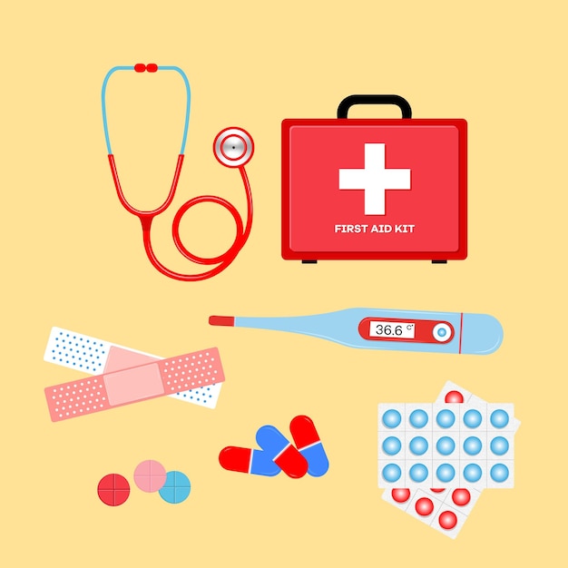 Ilustración dibujada a mano del kit de ayuda médica de emergencia