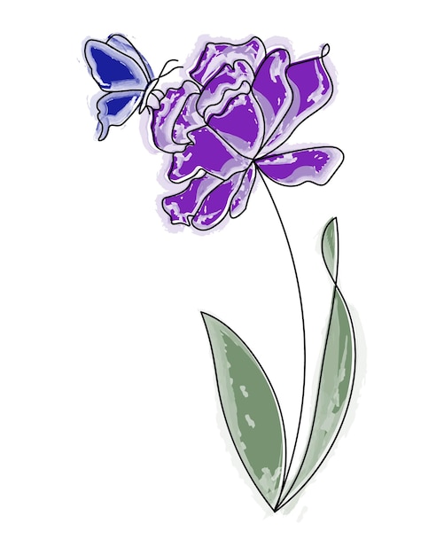 Ilustración dibujada a mano lila acuarela iris flor con mariposa