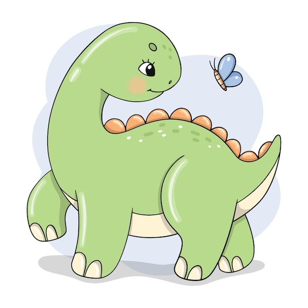 Ilustración dibujada a mano con un lindo dinosaurio y una mariposa