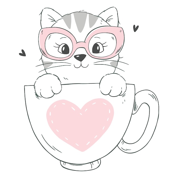 Ilustración dibujada a mano de un lindo gato con gafas sentado en una taza