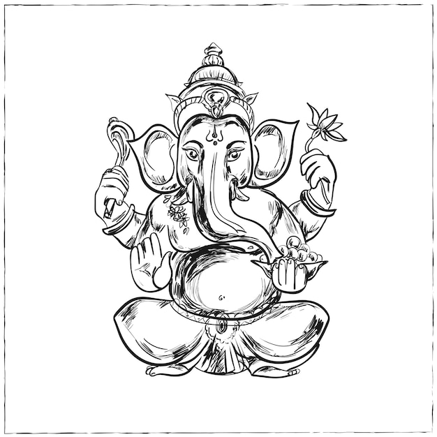 Ilustración dibujada a mano de lord ganesha sentado en marco mandala. para tatuaje, yoga, espiritualidad.