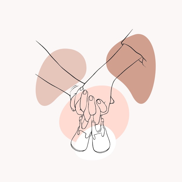 Ilustración dibujada a mano de una mano de los padres sosteniendo los zapatos de sus hijos