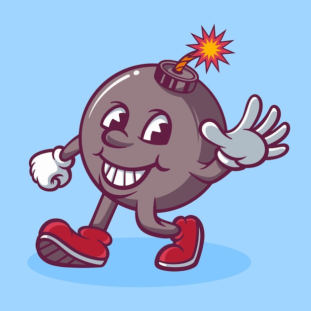 Ilustración dibujada a mano de la mascota de dibujos animados de Happy Cute Bomb