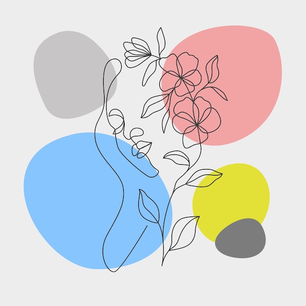 Ilustración dibujada a mano mínima de mujer y flores. dibujo de estilo de una línea.