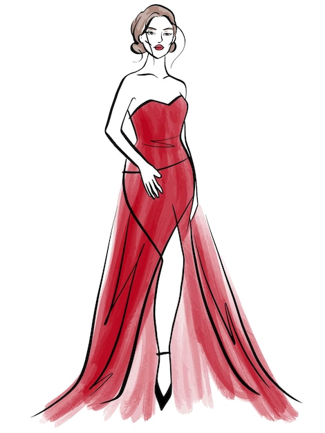 Ilustración dibujada a mano de moda Dibujo vectorial Vestido largo rojo Novia