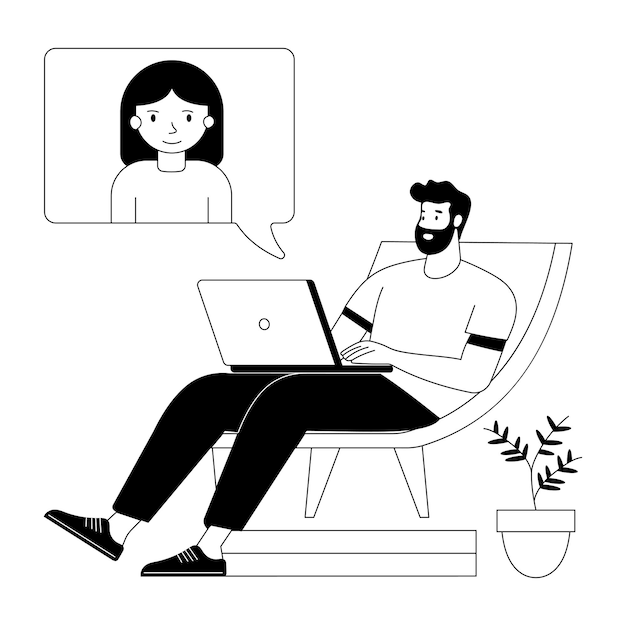 Una ilustración dibujada a mano de una mujer haciendo trabajo remoto desde casa