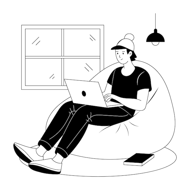 Una ilustración dibujada a mano de una mujer haciendo trabajo remoto desde casa
